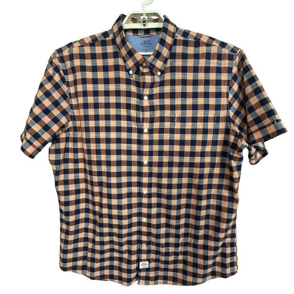 Izod Saltwater Relaxed Classics Men's Sz XL Plaid Blue Peach Button Up S/S Shirt - Picture 1 of 8